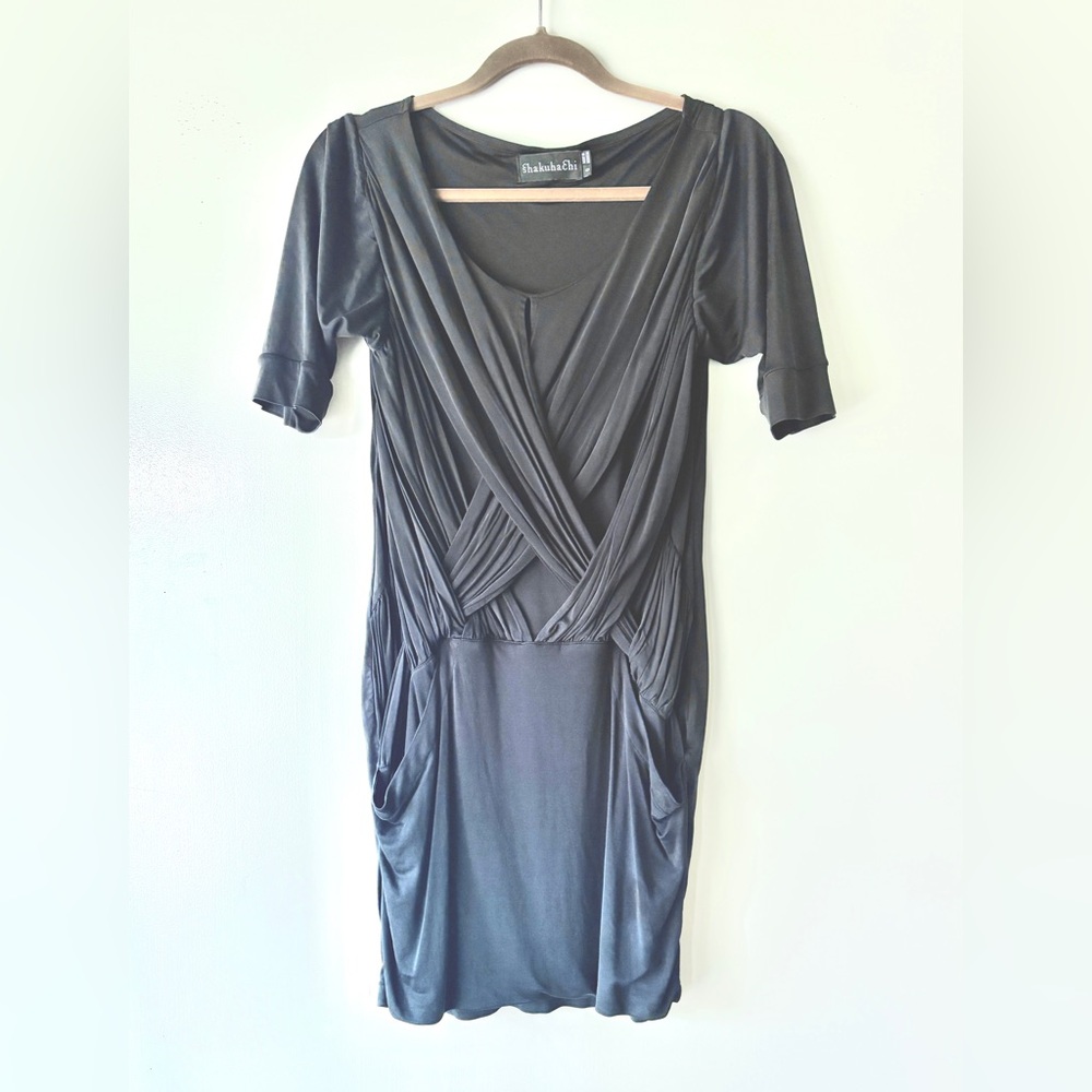 Shakuhachi Black Layered Designer Mini Dress with Pockets Sz 8